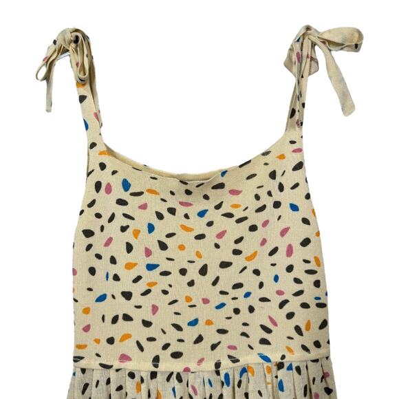 Zara Confetti Print Tie Strap Midi Dress Medium Yellow Stretch Knit Pockets - Picture 4 of 7